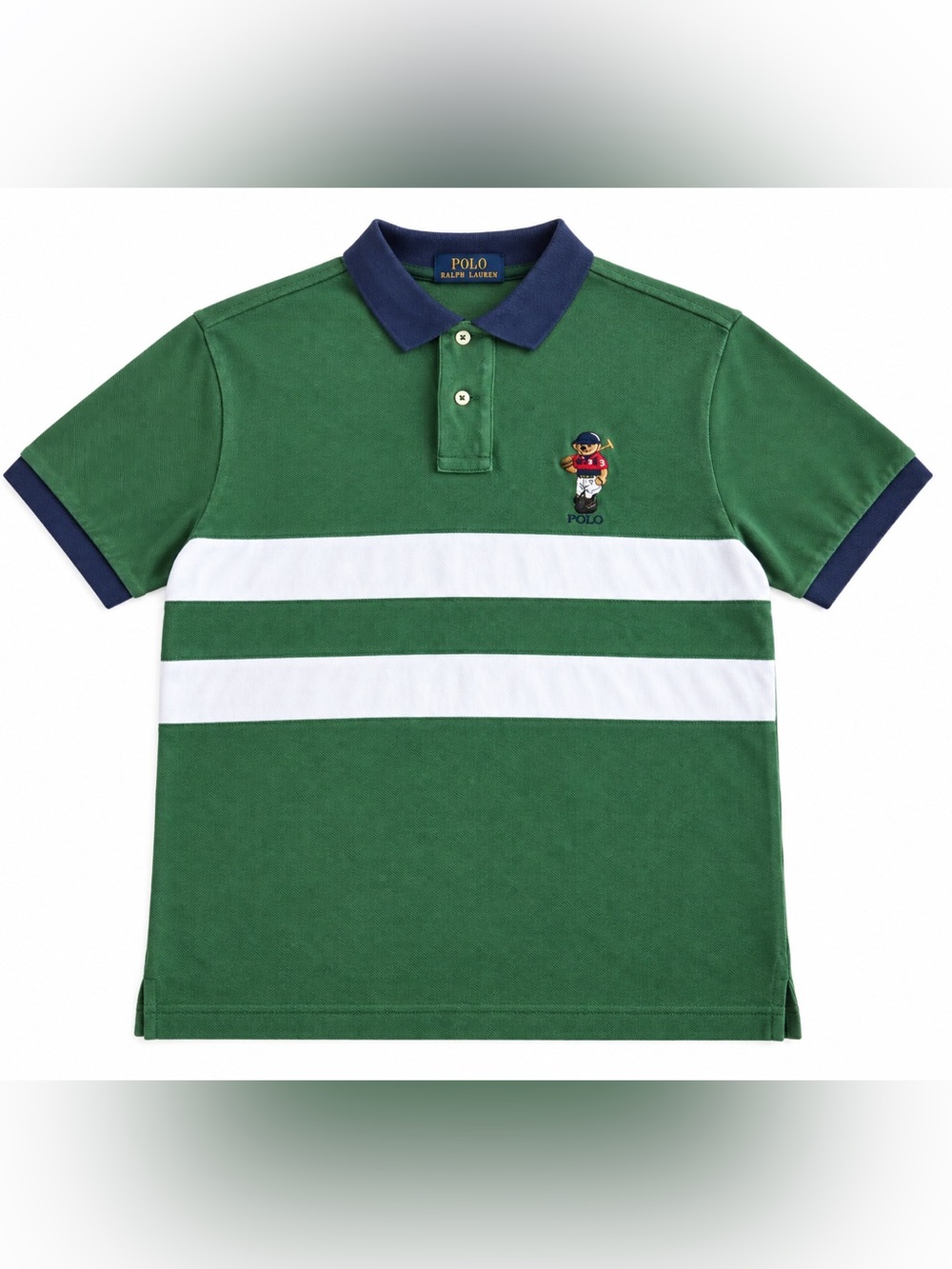 Polo Ralph Lauren Polo Bear Rugby Stripe Polo Shirt Green Navy Mens Medium M